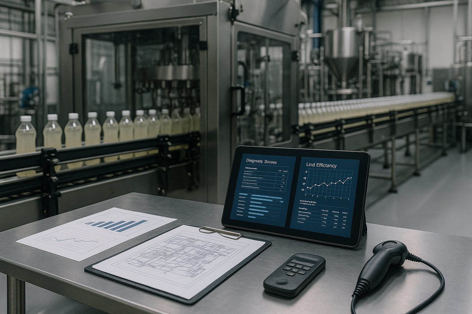 Electronic tablet displaying charts and graphs, a clipboard with documents, a remote control, and a barcode scanner on a worktable in a manufacturing facility with automation equipment in the background