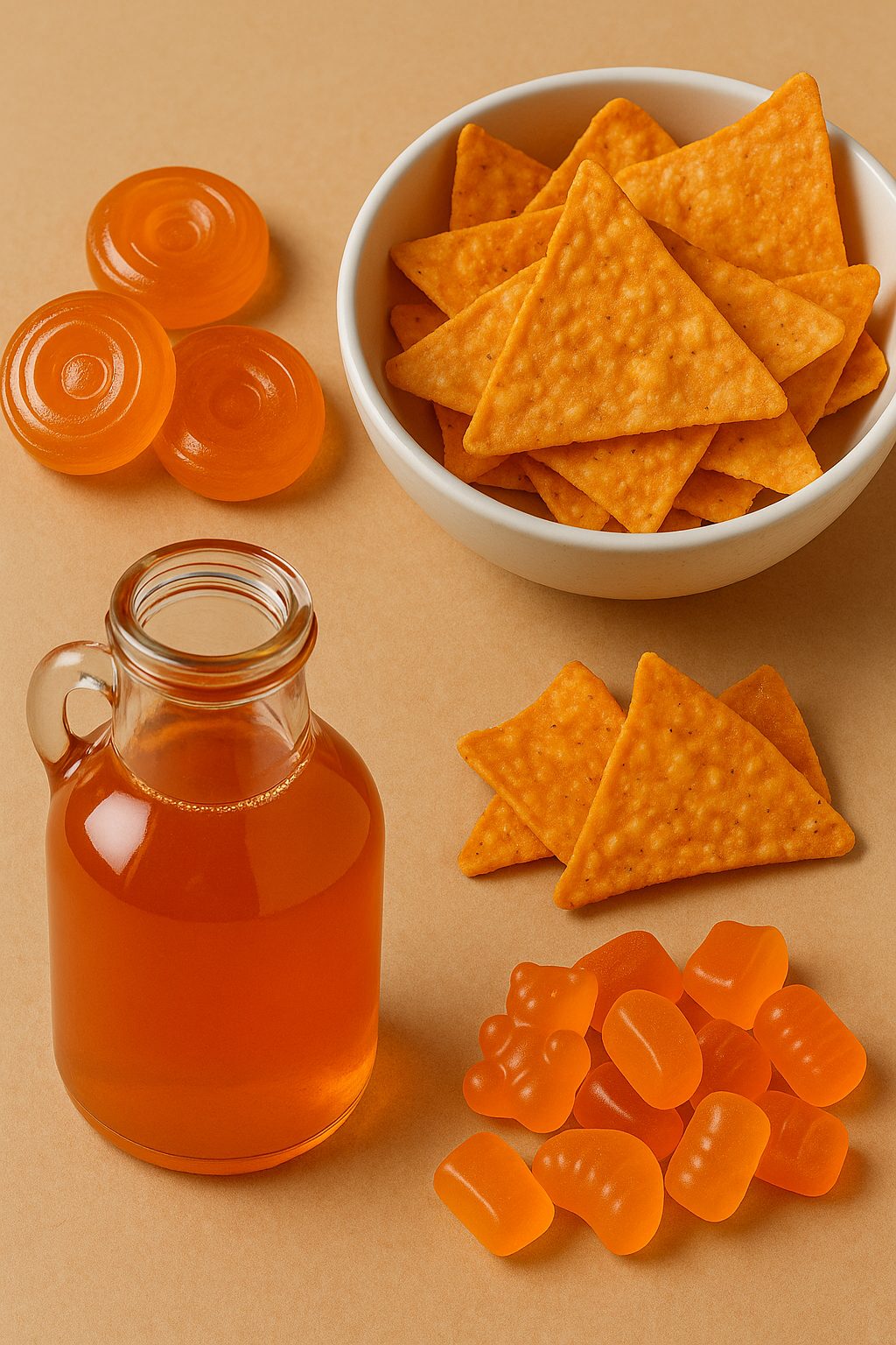 A bowl of orange triangular crackers with a few crackers outside the bowl, a small jar of honey or syrup, orange gummy candies, and three orange lollipops on a beige background.