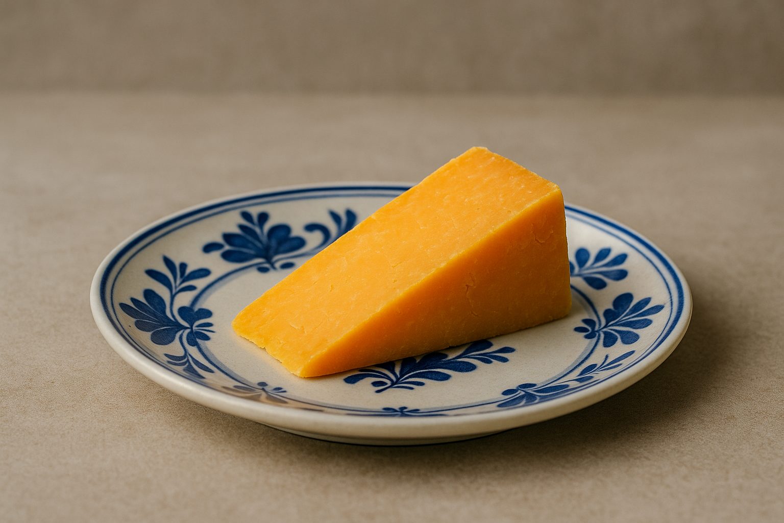 A wedge of cheddar cheese on a white plate with blue floral patterns, placed on a beige surface.