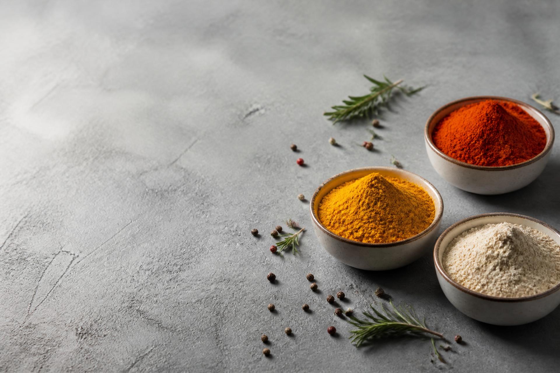 Bowls of paprika, turmeric and flour on a grey stone surface with rosemary and peppercorns