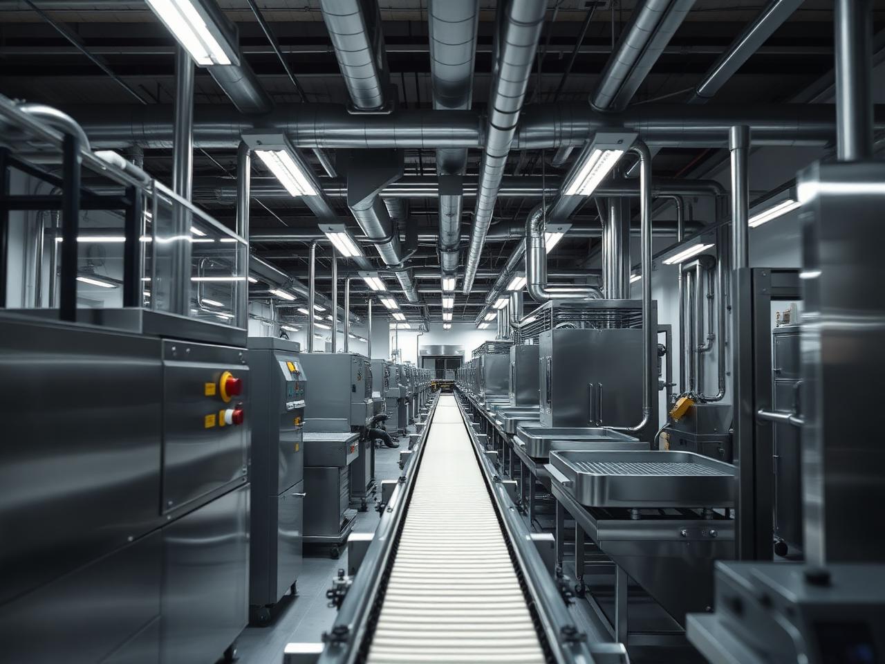 Stainless steel food production line inside a clean industrial facility