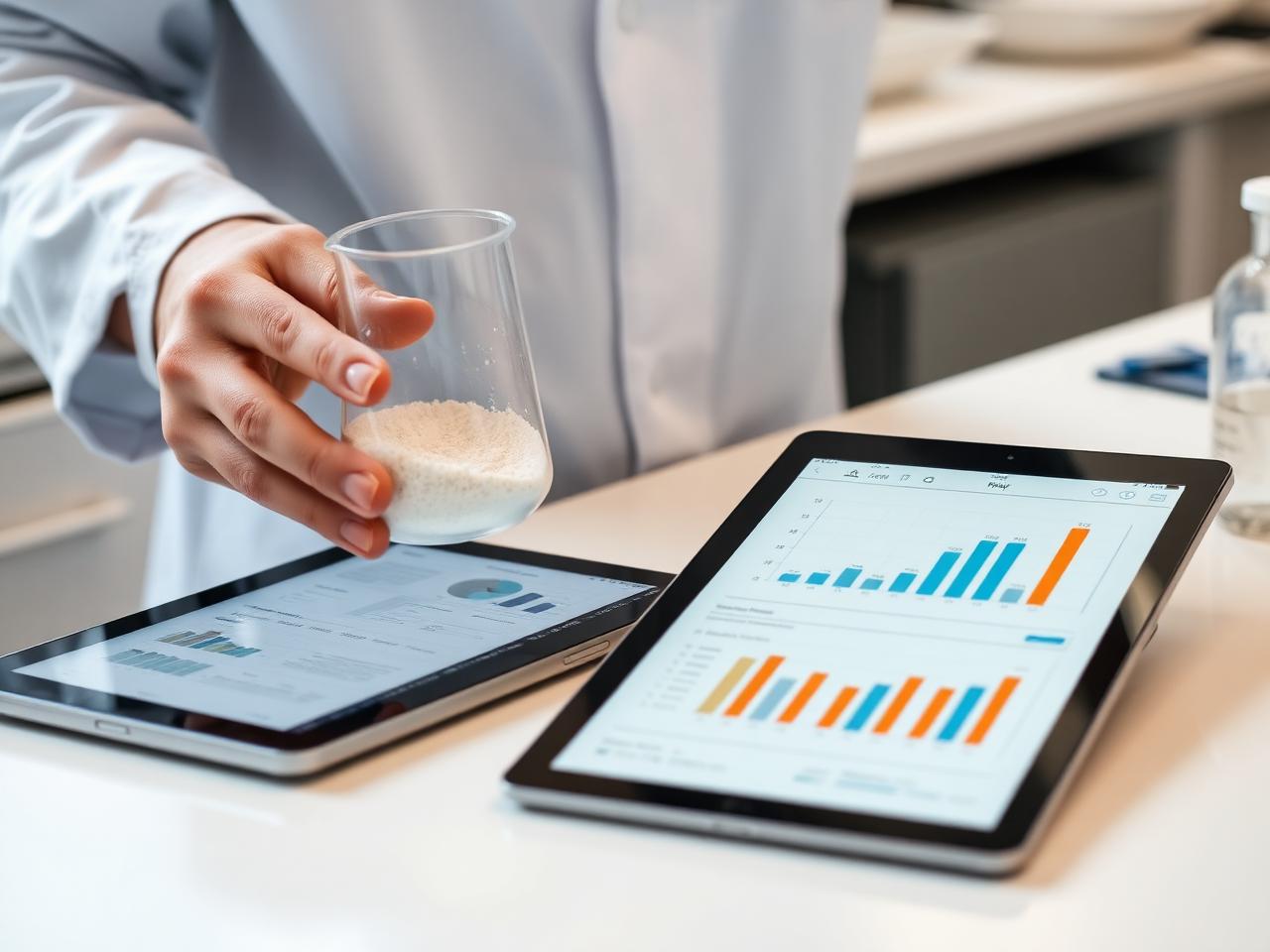 Food technologist holding a beaker of powdered ingredient beside tablets showing production data